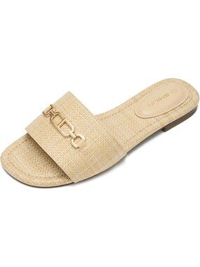 🆕Women's Cream Raffia Sandals Woven Slides Flat Summer Vacation Beach Shoes